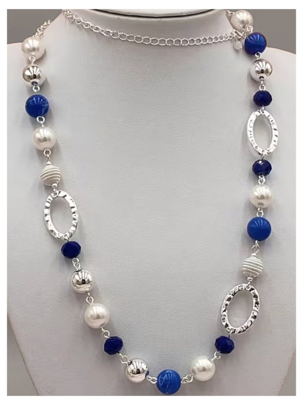 NWT Plated White K Boho Long Beaded Layering Necklace Blue Faux Pearl Silver